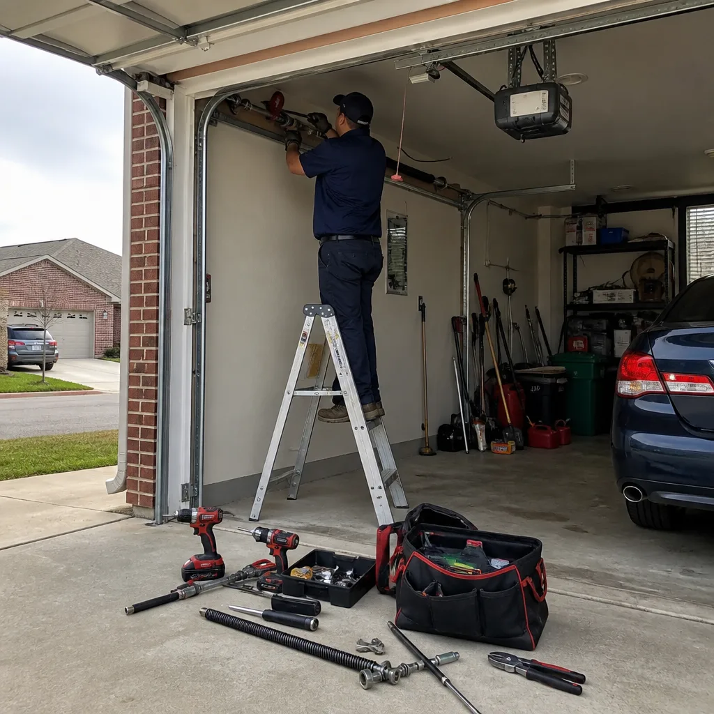 Technician performing professional garage door spring repair and maintenance