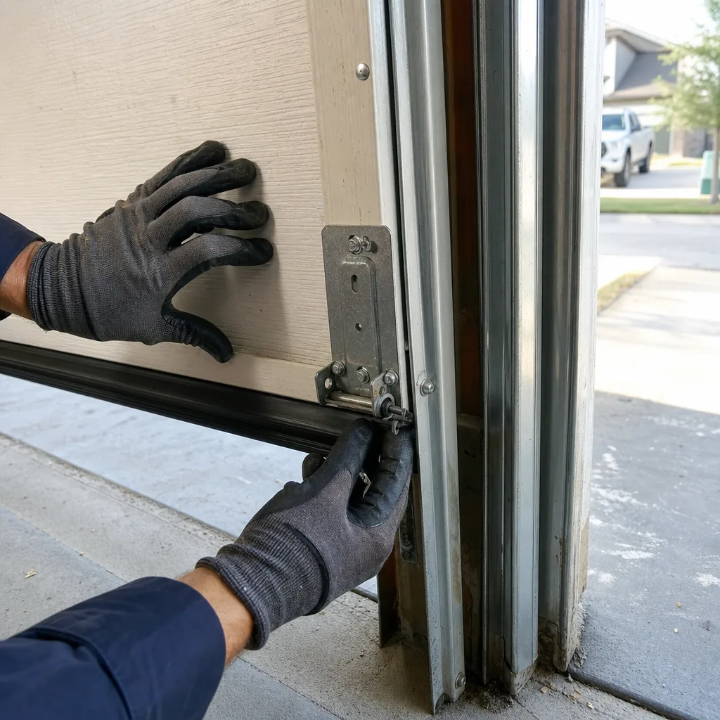Technician performing garage door maintenance and repair on a residential door