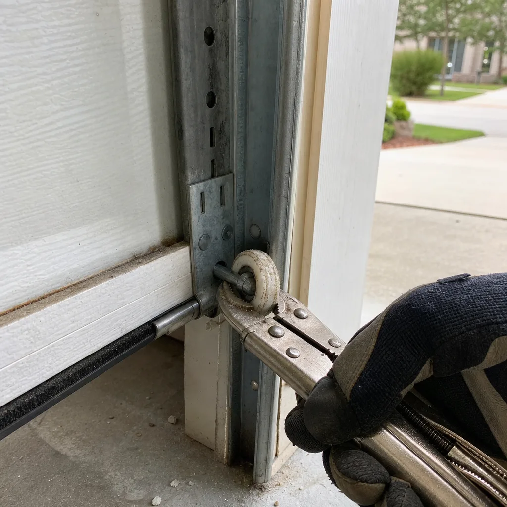 Technician repairing a garage door roller with locking pliers