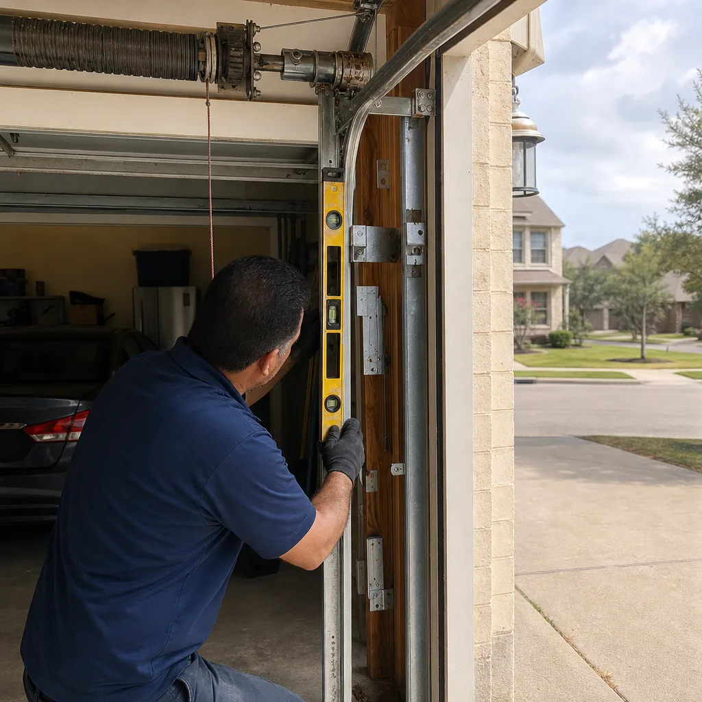 Technician using a level to check garage door track alignment