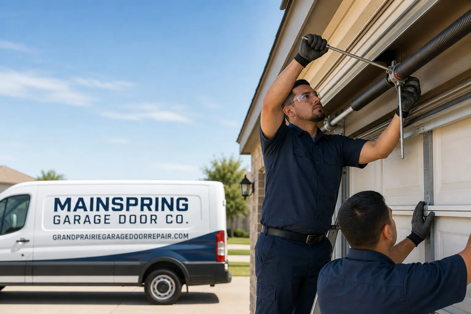 Mainspring Garage Door Co. garage door service vehicle and crew in Grand Prairie, TX